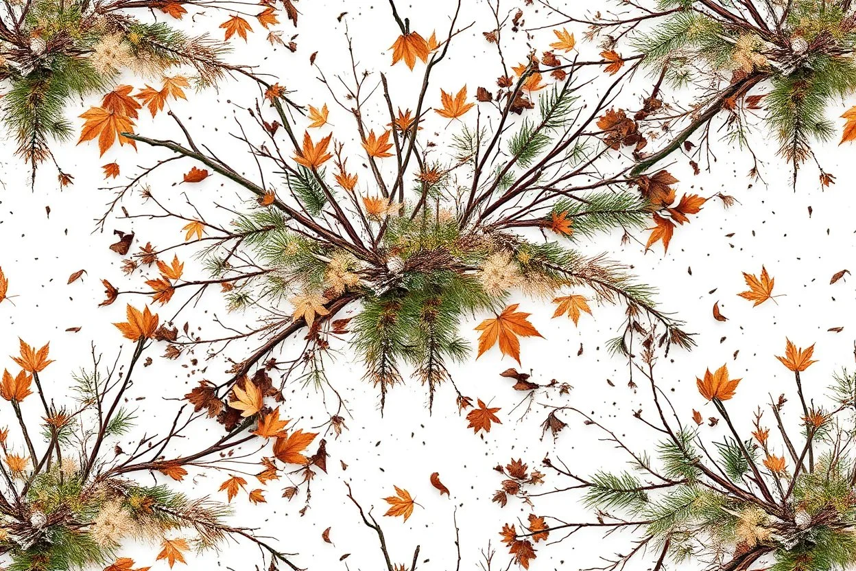 detailed Real Tree Camouflage made of bare bush branches, fir branches, dried maple leaves, snow and dirt, white background, seamless repeatable texture camo pattern, muted