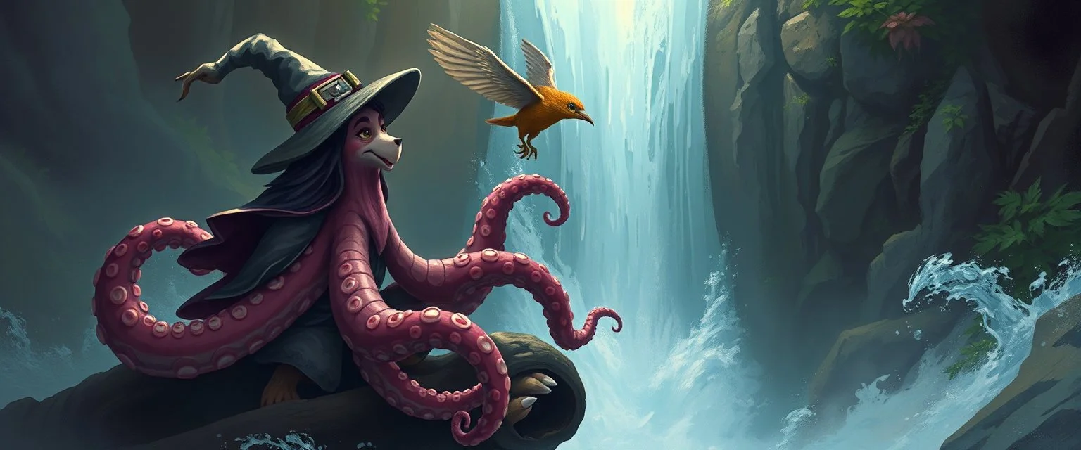 octopus bird witch bear by waterfall looks beyond really powerful, fantasy illustration