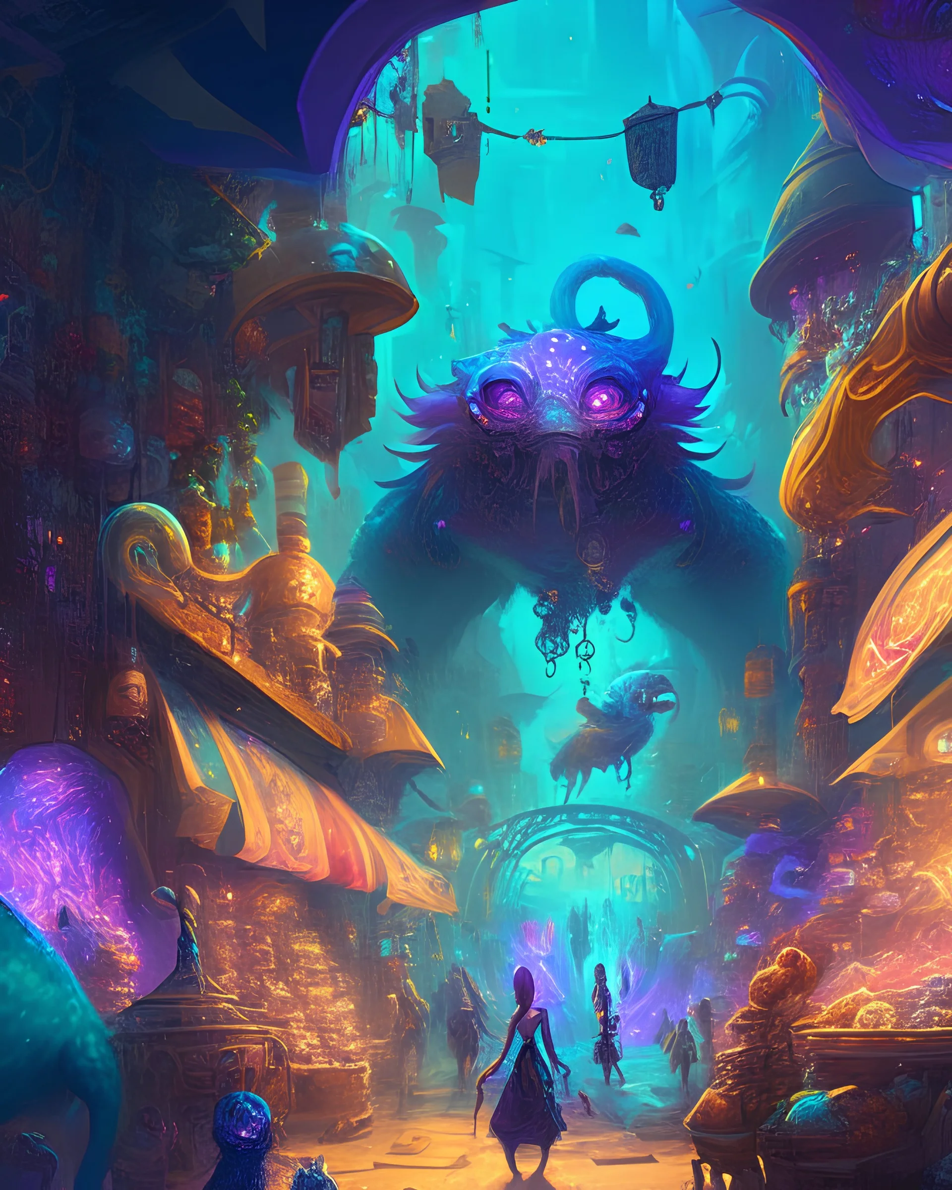 A bustling, interdimensional marketplace filled with exotic creatures, vendors selling otherworldly goods, and teleportation portals leading to uncharted realms. The scene teems with life and energy, as beings from across the multiverse come together in a vibrant, cultural melting pot. 8K resolution, dynamic colors, and intricate details make this image a visual adventure.