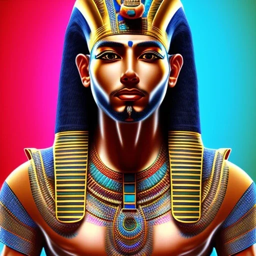 3D close-up of a Egyptian king Ramses, high contrast, glowing backlighting, blue and red backlighting, vibrant hair, dark brown eyes, sharp focus, face painting, background blur.