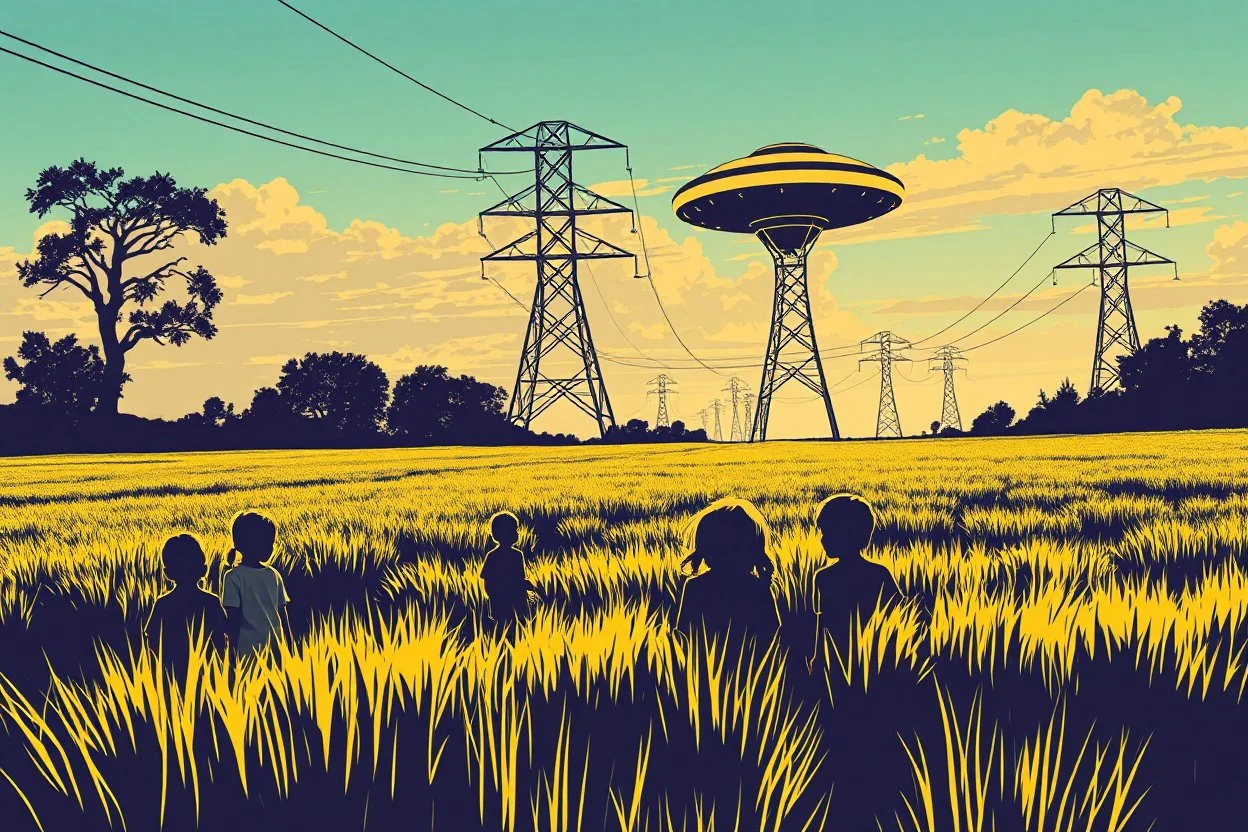 bumper sticker design in long rectangle, westall in bold heading text ufo 1966, lots of school children looking up in a field with high voltage powerline and gumtree's, mysterious cool, bold