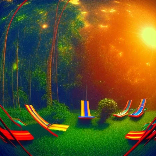 Sunset in a dense lush tropical jungle with lawn chairs, blue red and yellow. Warp. Fisheye. Bokeh. Psychedelic. Wavy.