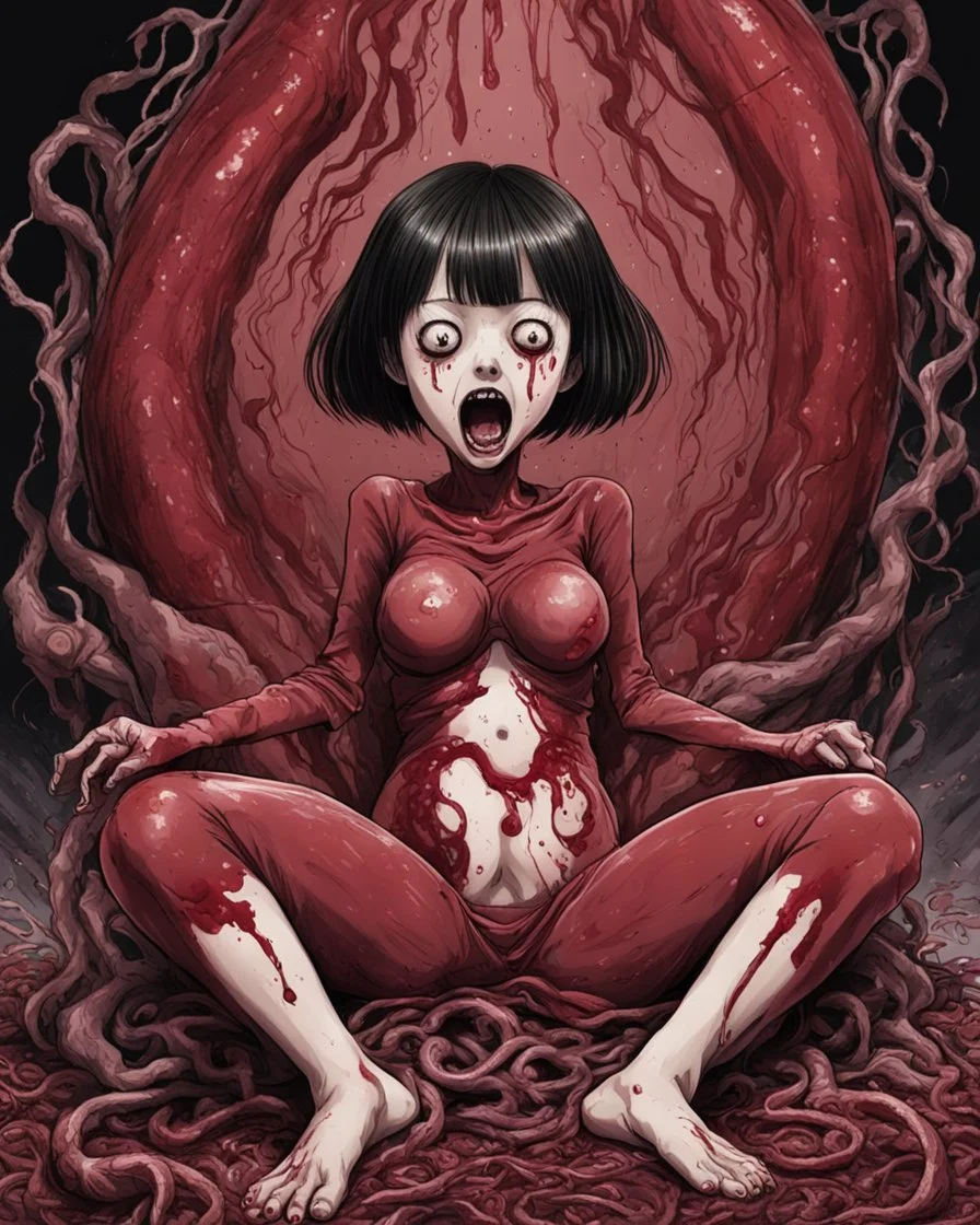 Petit weird woman crushed inside really darkred fleshy stomach filled with digestive juices, sit pose, fullbody, screaming, tears, Junji Ito style, darkred tones,