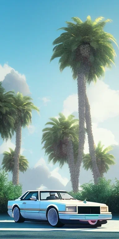 1980's aesthetic vaporwave palm trees with spheres and car