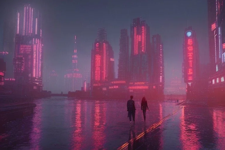 3D, beautiful, light reflecting, empty future city skyline at night, rainy night, neon, cyberpunk, tron, one cyborg walking, 8k, finely detailed, photo realistic