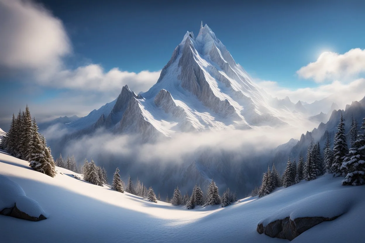 a snow-covered lonely steep massiv mountain reaching into the clouds. On top of the mountain is a long needle thin tower. seen from the bottom if a valley. fantasy concept art, exquisite realism, a masterpiece, dynamic lighting, hyper detailed, intricately detailed, deep color, Unreal Engine, volumetric lighting , Epic cinematic brilliant stunning intricate meticulously detailed dramatic atmospheric maximal,