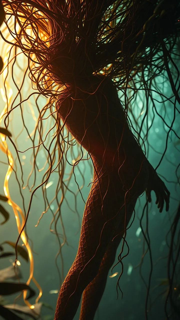 An Amazon jungle made of tangled, glowing threads and sharp, beautiful shards of glass, vulnerable and strong, surreal anatomy, emotional