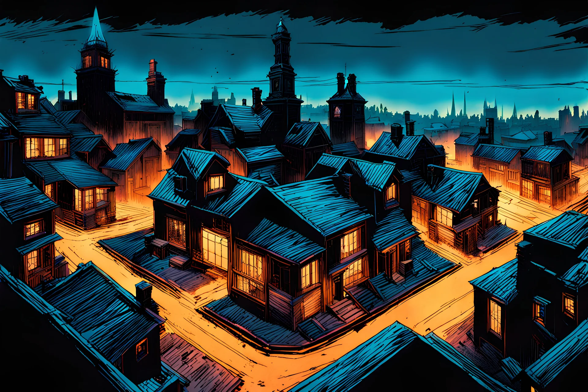 create a hyper detailed 3d illustration of a small Victorian ghost town in the comic art style of FRANK MILLER and BILL SIENKIEWICZ, searing lines and forceful strokes, precisely drawn, boldly inked, with gritty textures, dark foreboding color, dramatic otherworldly lighting, 8k, isometric view