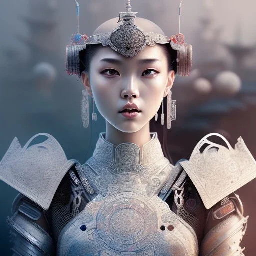 robot samurai girl, sango fantasy, fantasy magic, intricate, sharp focus, illustration, highly detailed, digital painting, concept art, matte, artgerm and paul lewin, masterpiece, mercury armor