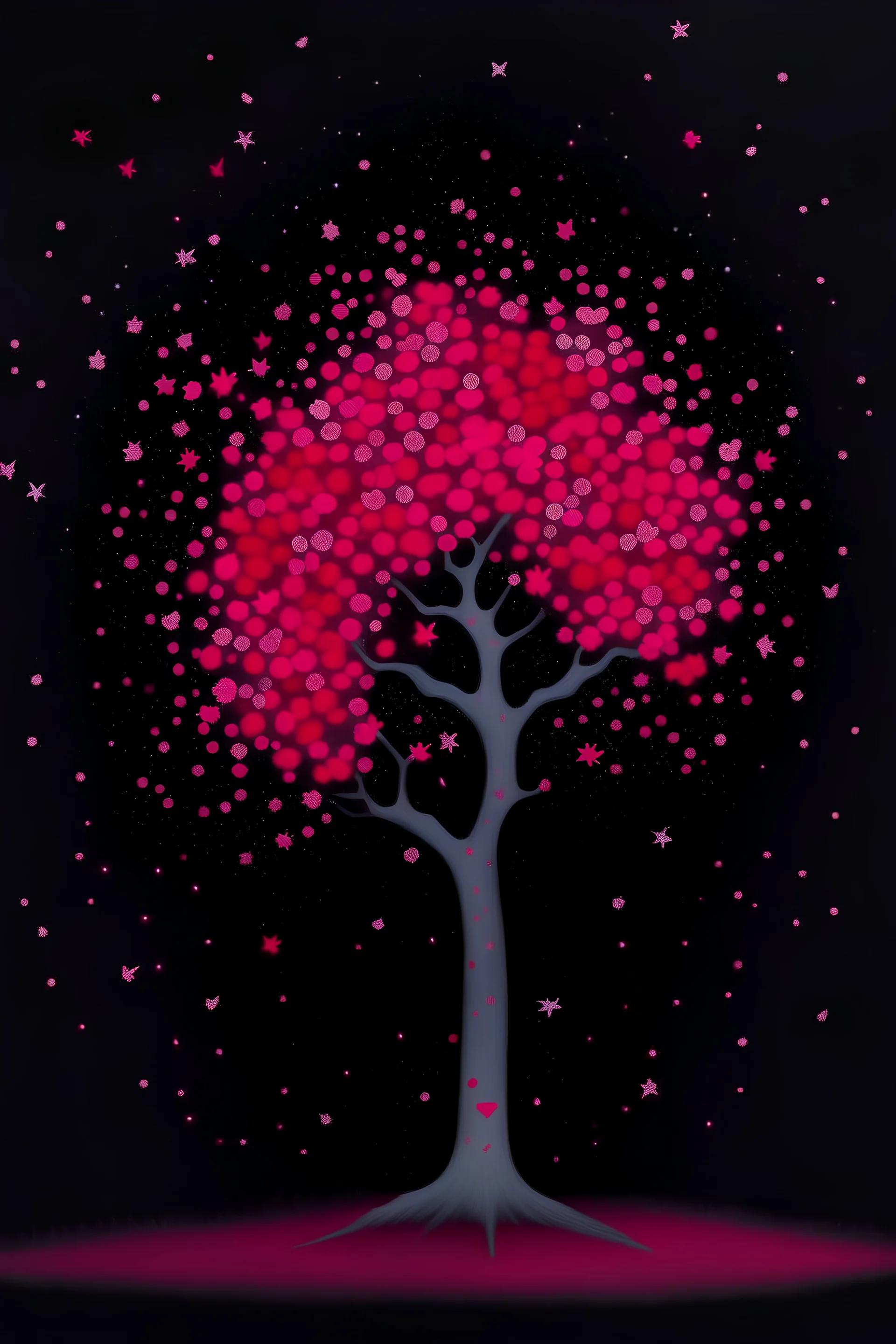 Painting of a slender Sakura tree suspended in the air, in isolation, falling petals like fine splatters, night cosmic background, atmospheric, dream like, minimalistic, fine details