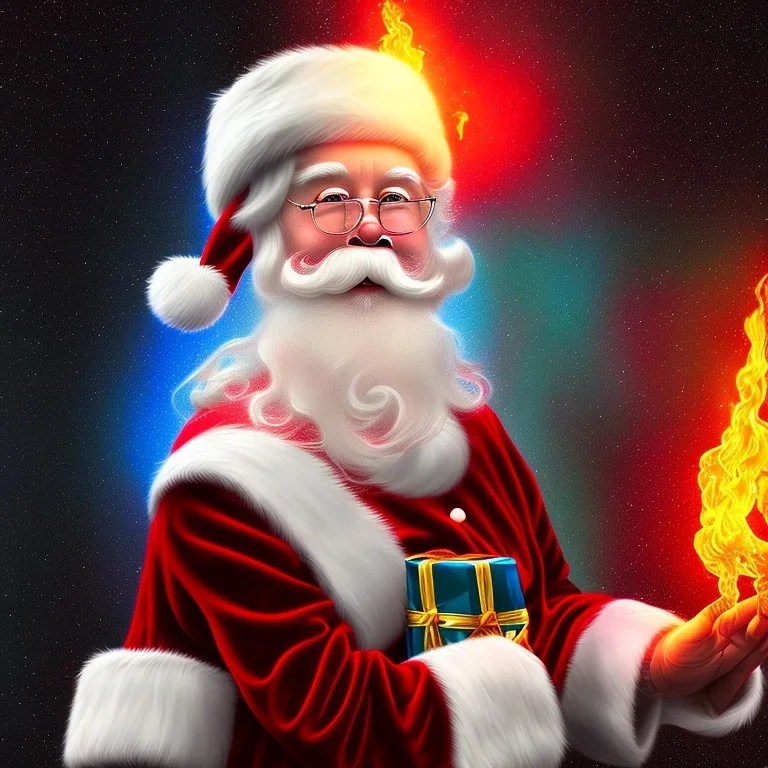 Santa, red green blue, high definition, ultra 8 k, liquid lighting, fire, rain, realistic