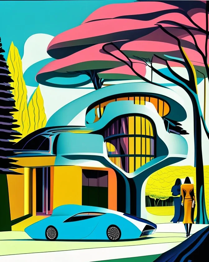 Cartoon of a modern country house, (((Zaha Hadid))) style, trees, two people, car next to it. Complementary colors. 3D