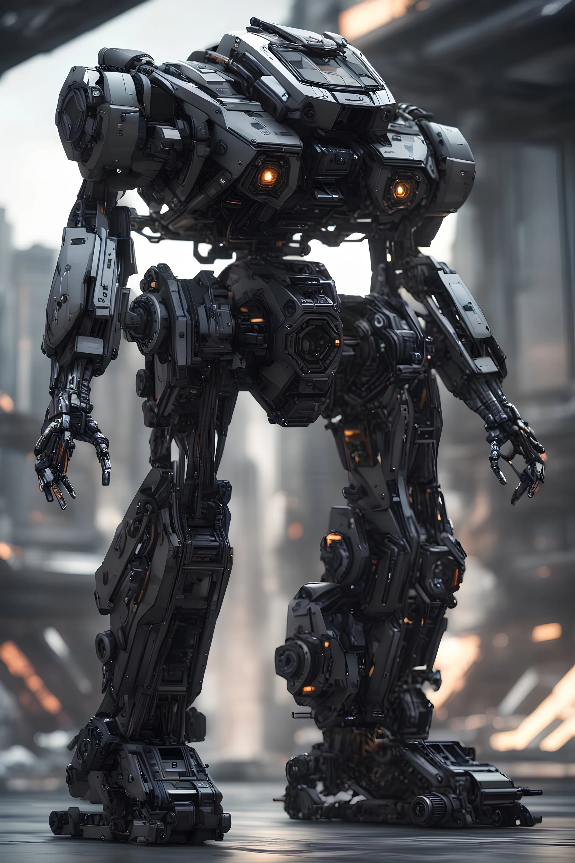 Front view of Black mech hitech Futuristic 3d render, vray, uhd, detailed, hdr, 8k, photorealistic, dramatic lighting, hawken graphic design abstract 3d hitech technological HAWKEN photorealistic uhd 8k VRAY highly detailed HDR