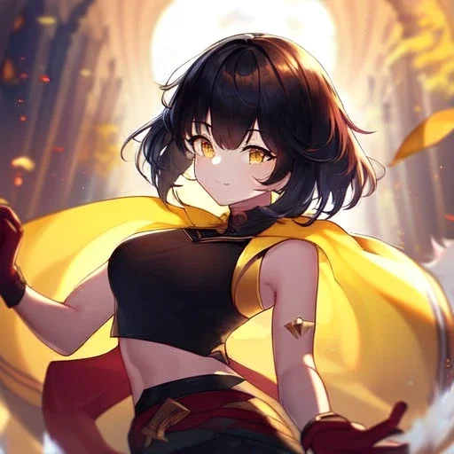 Clear focus,High resolution, Black short fluffy hair, and yellow eyes, wearing a black short skirt, sleeveless crop top, wearing long dark red gloves, yellow cloak