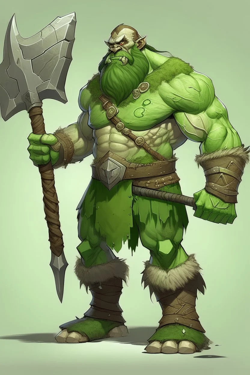 A tall green halforc barbarian