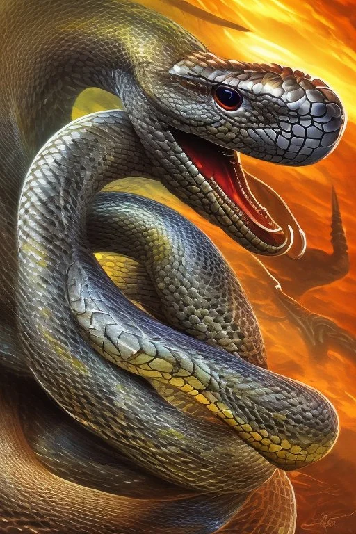 Close up of a Cobra snake ready to strike, head in a flat striking position. Abstract, Stunning and frightening pattern on forehead with staring eyes. Style of steampunk, chaos80, realistic and high quality