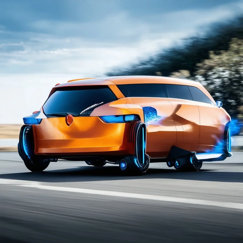 award winning car and driver photograph of a futuristic station wagon mech hybrid designed by only one vehicle per image painted metallic orange traveling at a high rate of speed, jet intake off of front center of vehicle and jet exhaust out the rear with bright blue flame, bilaterally symetrical, more a high speed road vehicle