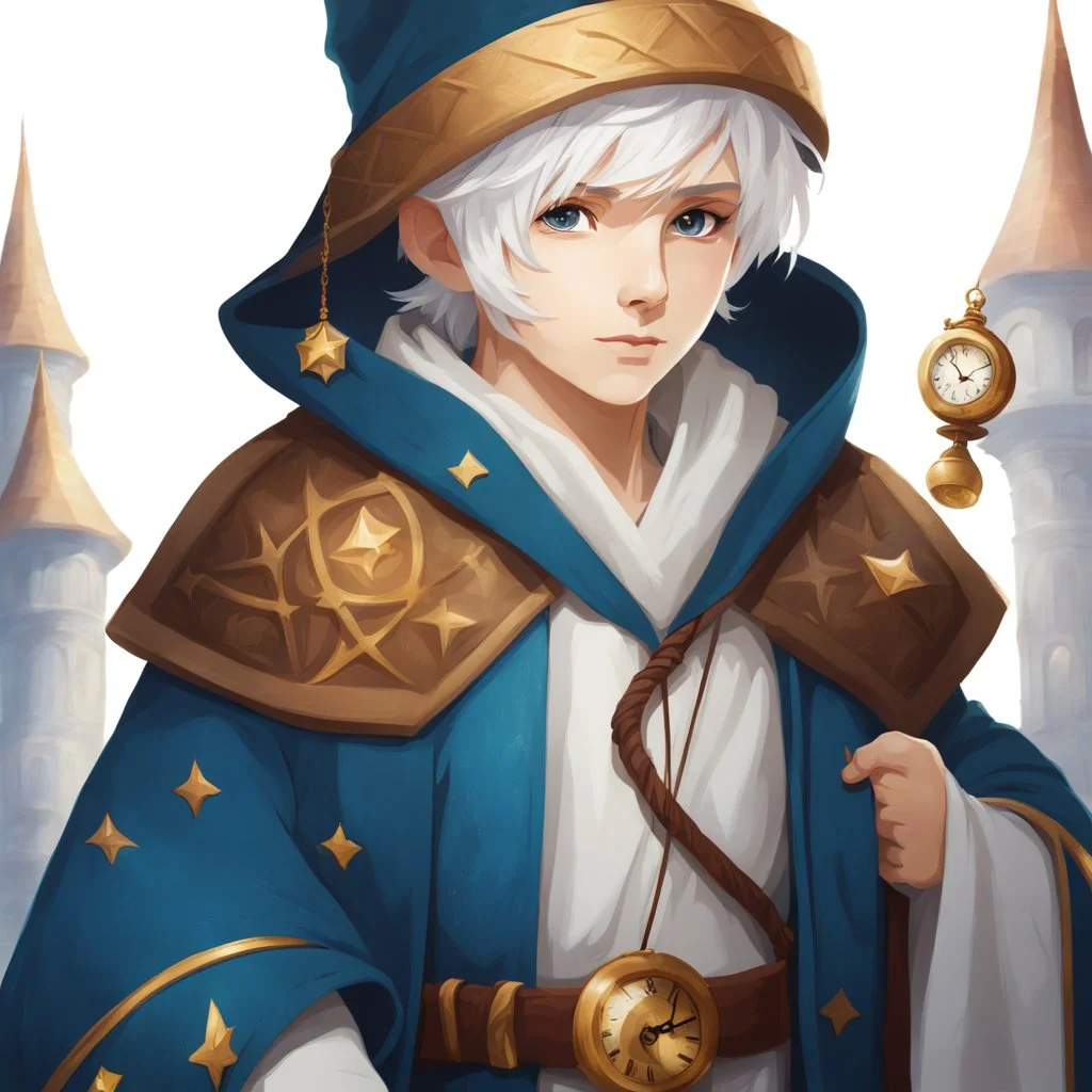 Fantasy World, A boy only wearing a closed wizards robe, and wearing a wizards hat. White Hair. Eyes That Looks Like a Clock.