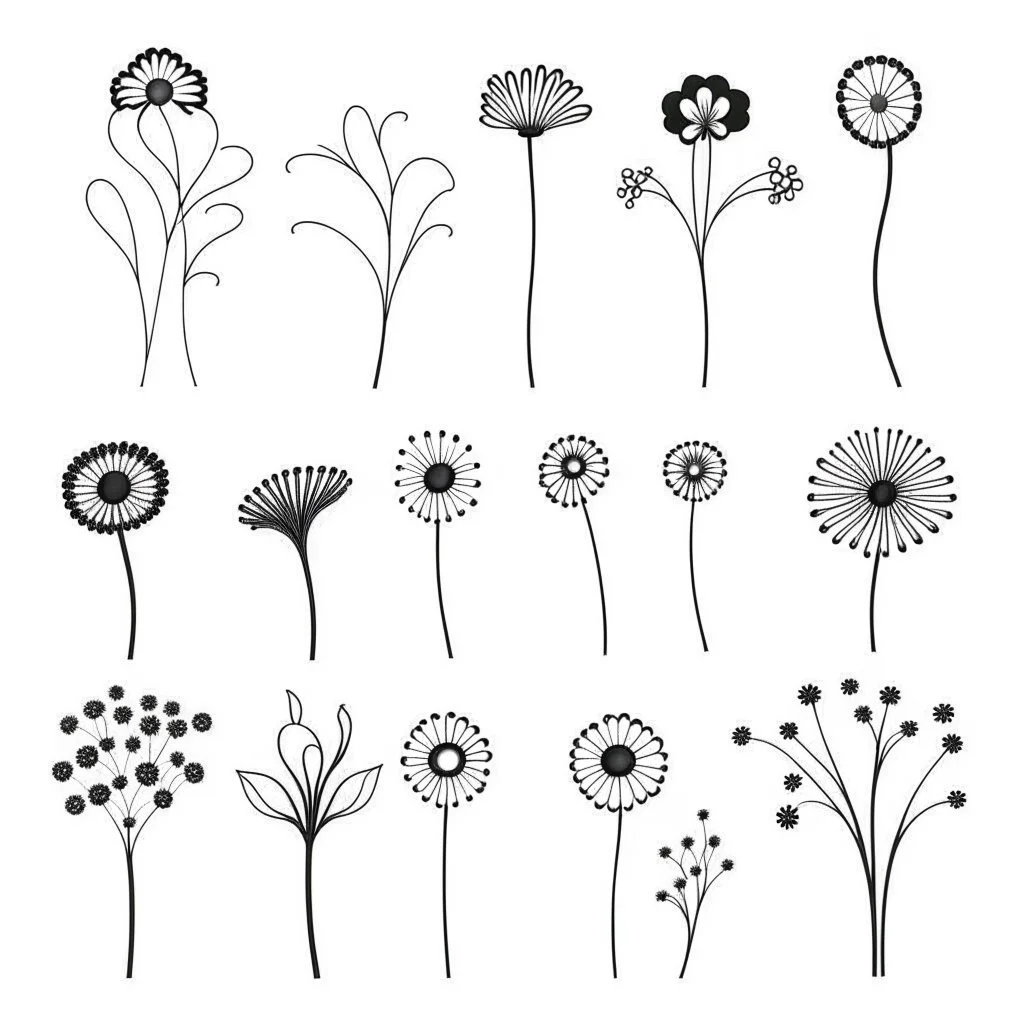 set of grow wind flowers on the grace silhoutte, SIMPLE ONE lineS art, white background, minimalis, different view, only white bakcground solid.