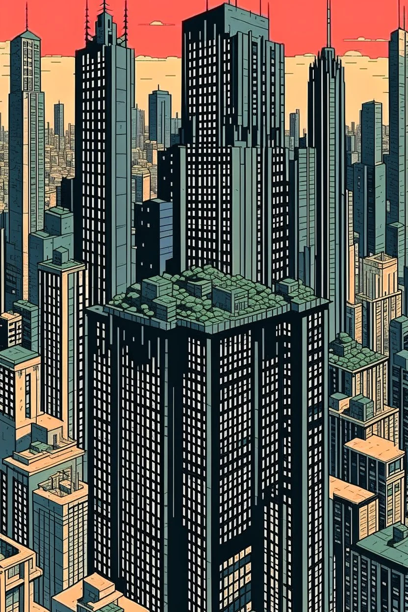 punisher sku;; CITY aerial shot in the style of Hiroshi Nagai