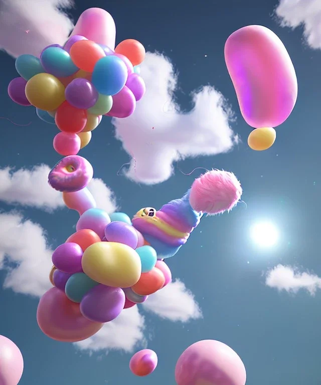 Ultra realistic speed clouds sky scene, wide angle view, sweet childs falling down, inflatable color clothing, free jumping flying, many trinkets, monster hair, hair monster, many jelly beans, balls, smile, happy, circus style, extreme, wind, clouds sea, 20,000 feet altitude, stratosphere, soft color, highly detailed, unreal engine 5, ray tracing, RTX, lumen lighting, ultra detail, volumetric lighting, 3d, finely drawn, high definition, high resolution.