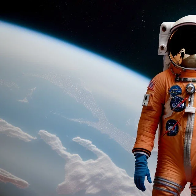 an astronaut in space, highly detailed, orange puffer jacket, 3d render