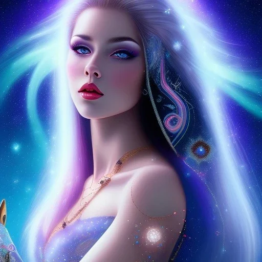 beautiful woman with long hair look the stars and northern aurora blue turquoise lights, blue, pink,