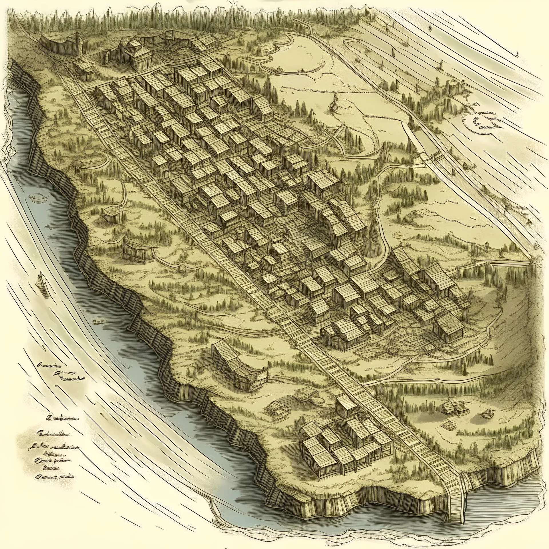 topograhpical map, illustration, aged, town, lake, handdrawn, sketch, white, post apocalypse