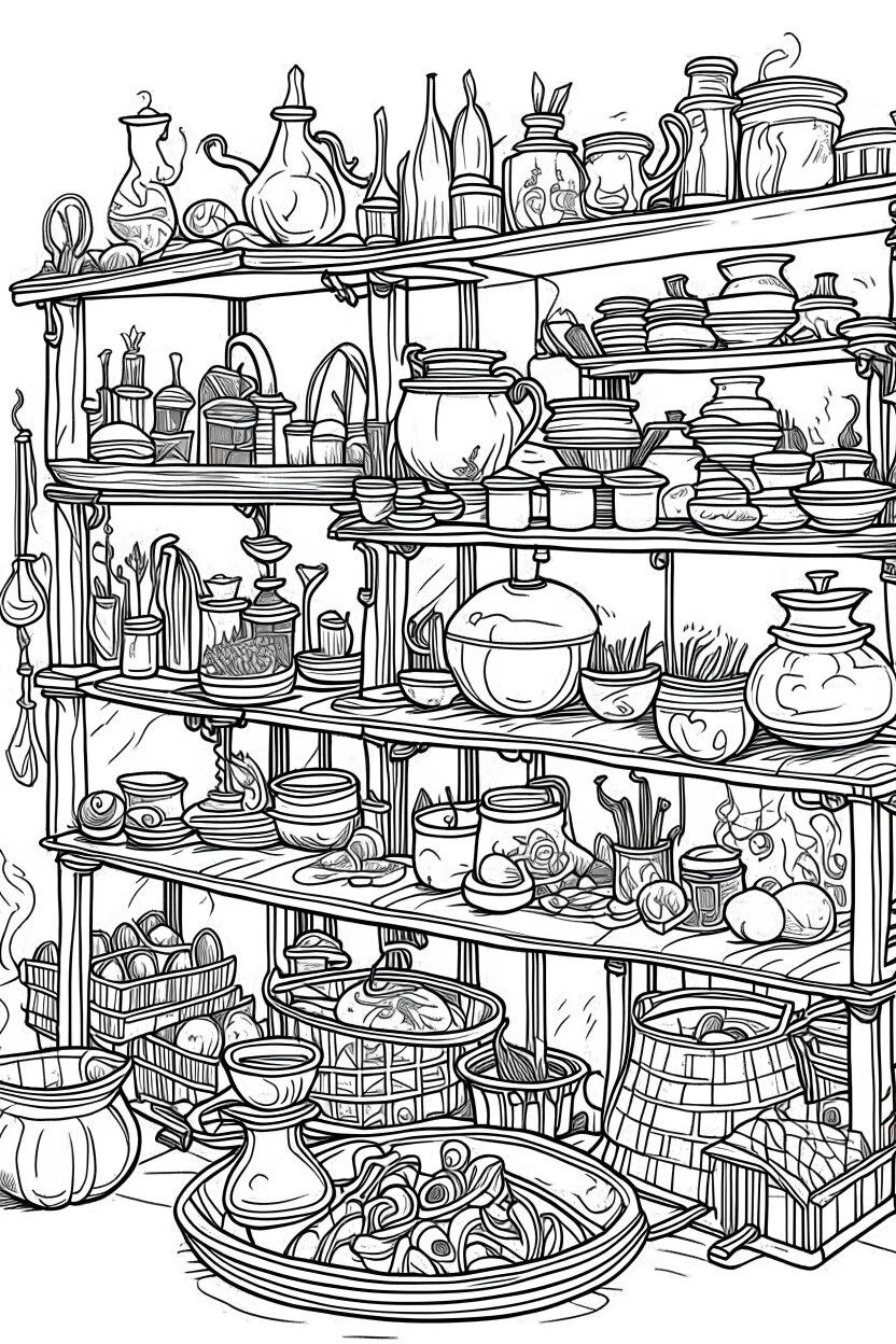 A witch's kitchen with shelves filled with potion ingredients and a bubbling cauldron. Outline, sketch style, only use outline, mandala style, clean line art, white background, no shadows, no clear wall, coloring page.