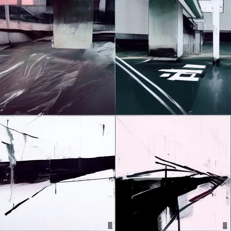 Minimal abstract oil paintings desolate 1960s carpark concrete fragments and naked bodies. style of Justin Mortimer and Francis Bacon. road markings.