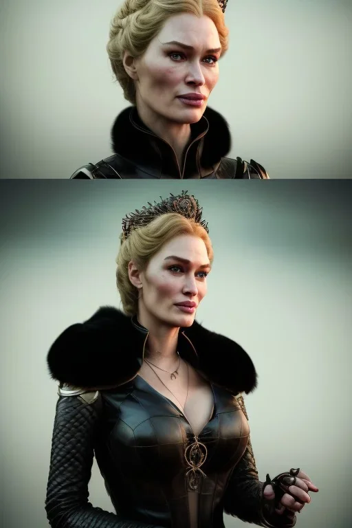 Cersei Lannister as evil queen in black leather and fur, busty, cleavage, voluptuous, lena headay, angry, stern look. character design by cory loftis, fenghua zhong, ryohei hase, ismail inceoglu and ruan jia. unreal engine 5, artistic lighting, highly detailed, photorealistic, fantasy