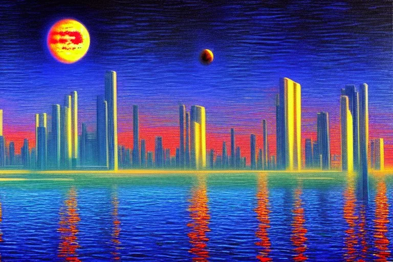 Science fiction Cyberpunk buildings, exoplanet, lake, impressionism painting