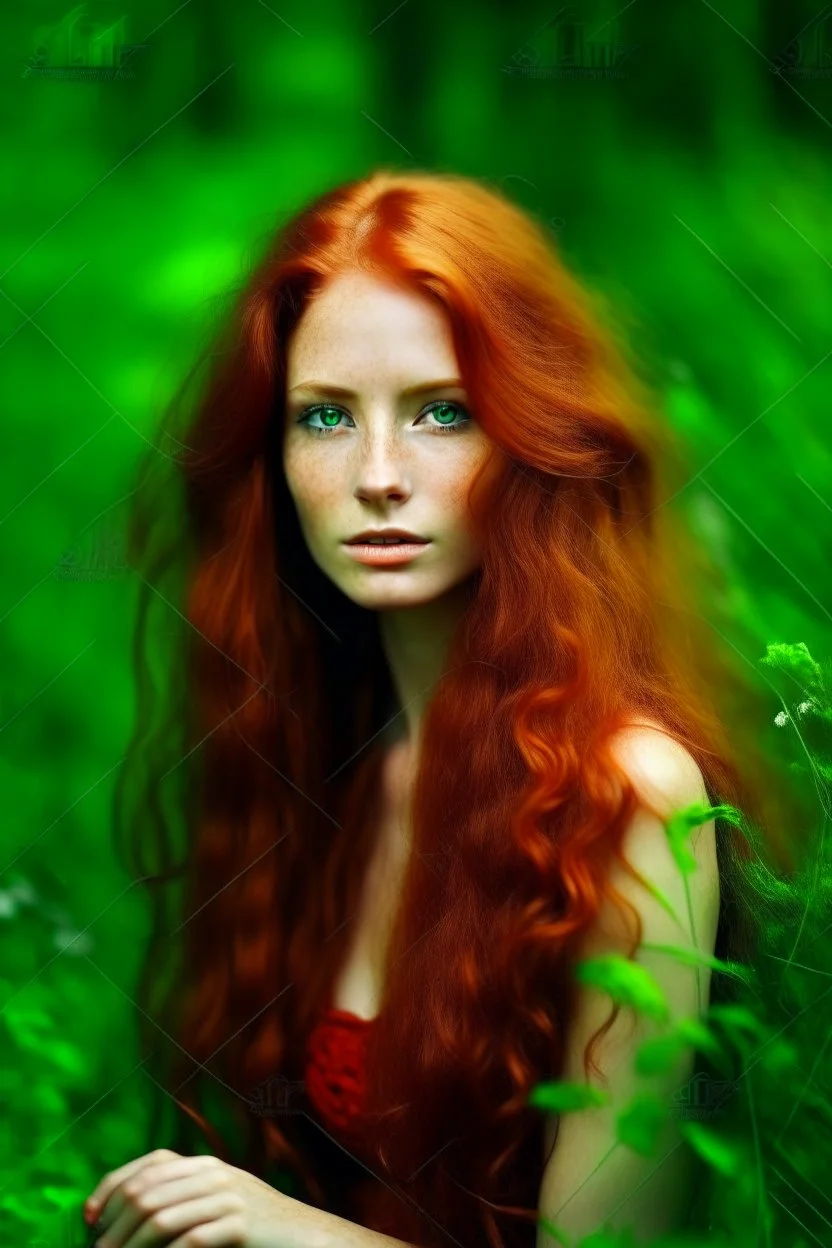 portrait of a beautiful woman with super long reddish hair, warm-hearted, goddess, green