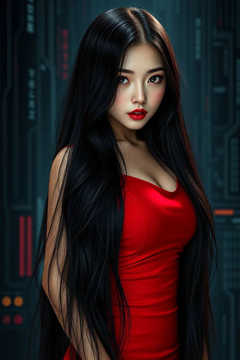 Beautiful Japanese woman, very long black hair, funny, red lips, black eyes, nice body, big bubs, dressing a vinil red skinny dress, with dark and gloomy technological background, high image quality, good understanding of artificial intelligence to create the image.