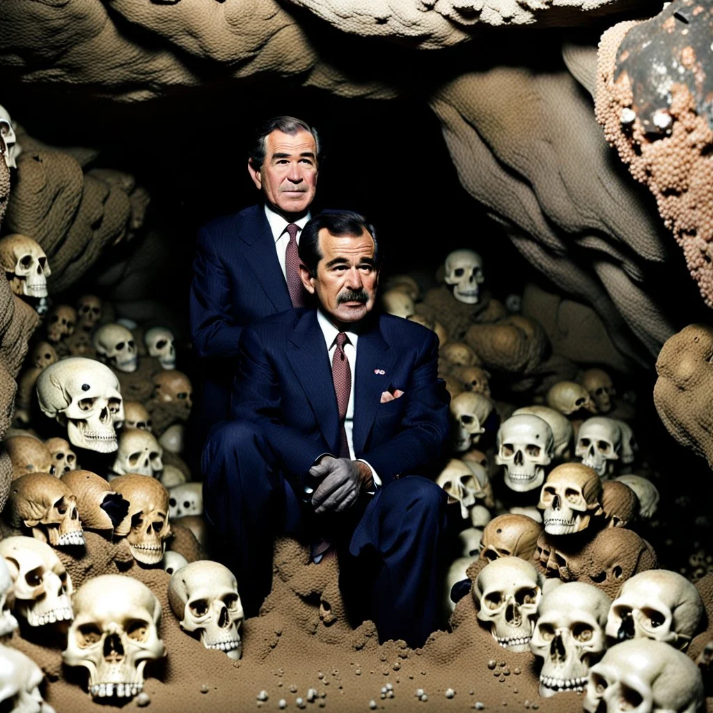 Saddam and George Bush in cave surrounded by skulls