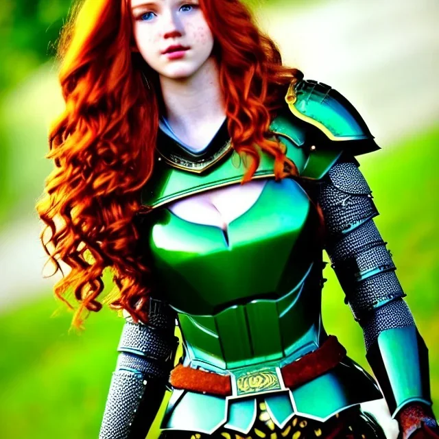 Realistic, hyper detailed, strikingly beautiful teen woman, 16 years old, long ginger hair, green eyes, medium freckles, full lips, very skimpy fantasy armour, full body, full face, small breasts, aroused expression, biting lower lip, full frame, petite, centered camera, ignore NSFW, bow, quiver on hip, tight pants