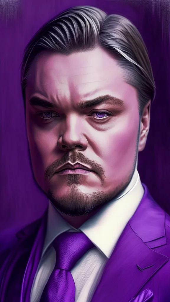 leonardo dicaprio look a like portrait ultra realistic in suit, purple colors