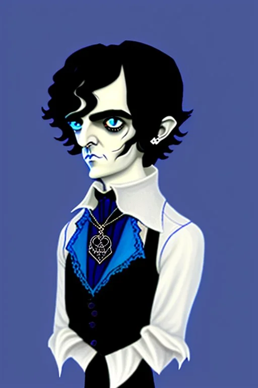 black haired blue-eyed young man necromancer goth gnome that looks like Edgar Alan Poe with gothic jewelry, in the style of Charles Addams