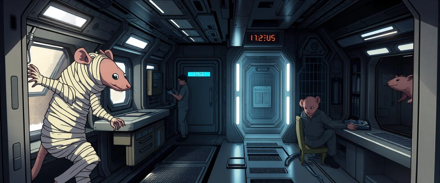 3️⃣ Early Ship Life "Three parallel strips inside the spaceship. Giant mummy rat moves along the left hull maintenance strip, alert and calculating, bandages slightly frayed from movement. Engineers and medics work in the middle and right strips. A caged rat sits silently in a storage room, and a stasis pod hums in the background. Lighting dramatic, shadows deep, anime-influenced expressive eyes on the rat."