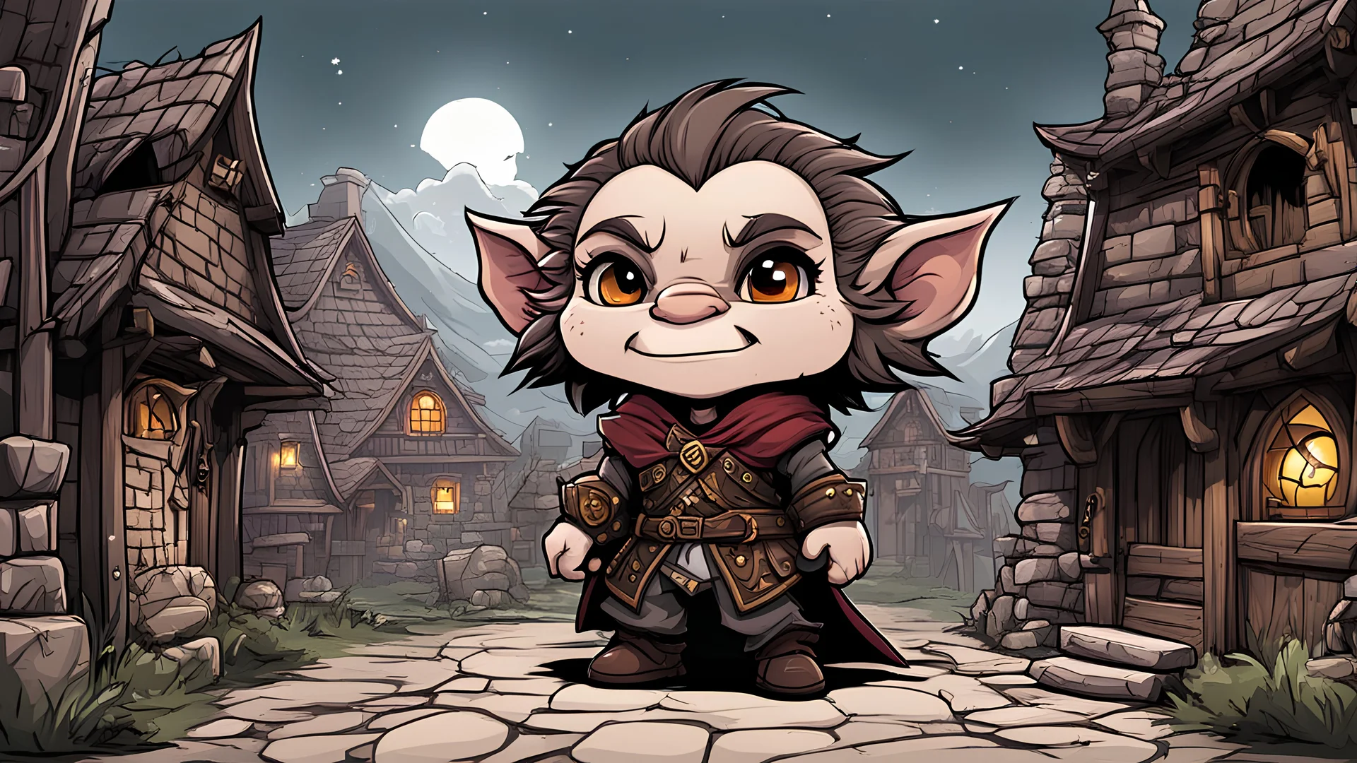 troll chibi, celestial, cute, adorable, whimsical, flat 2D comic illustration, anime fantasy, fine-inked Thick-outlines, cel-shaded, contour, mysterious, Dark, Town of Salem 2, darkest dungeon