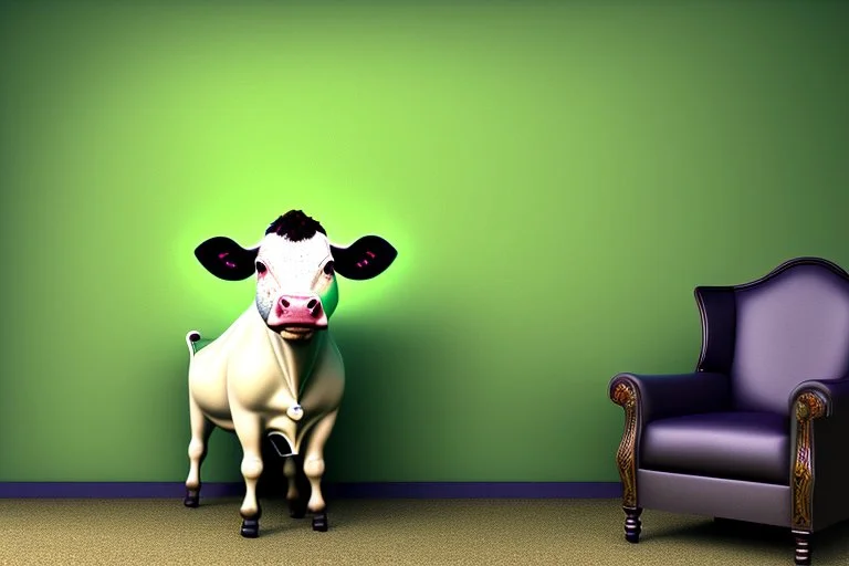 A cow sitting on an armchair in large dark green field , soft colors. Photorealistic