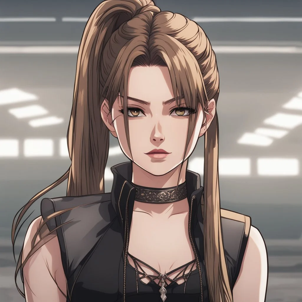 A portrait view of an arrogant-looking young woman with pale skin and long brown hair pulled up in a single, straight ponytail. She is wearing a black, sleeveless crop top. An air of malevolent power surrounds her. Anime Style, High Definition, Greg Rutkowski, 8k resolution, intricate details