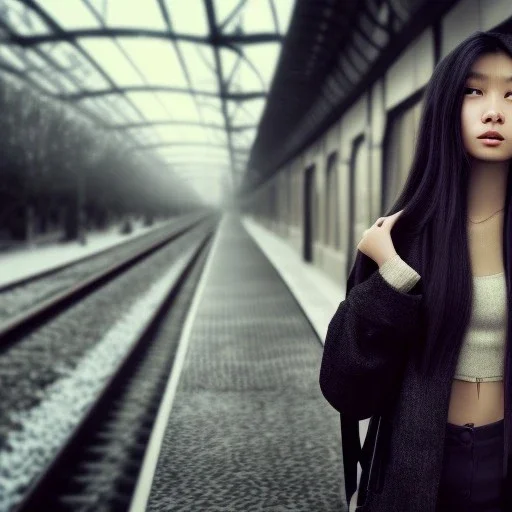 A young Asian woman with long hair and a black trench coat waiting for her lover at a train station in Paris