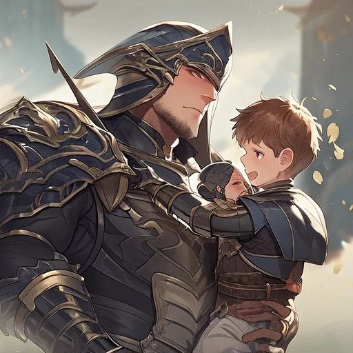 Boy wearing leather armor protecting family