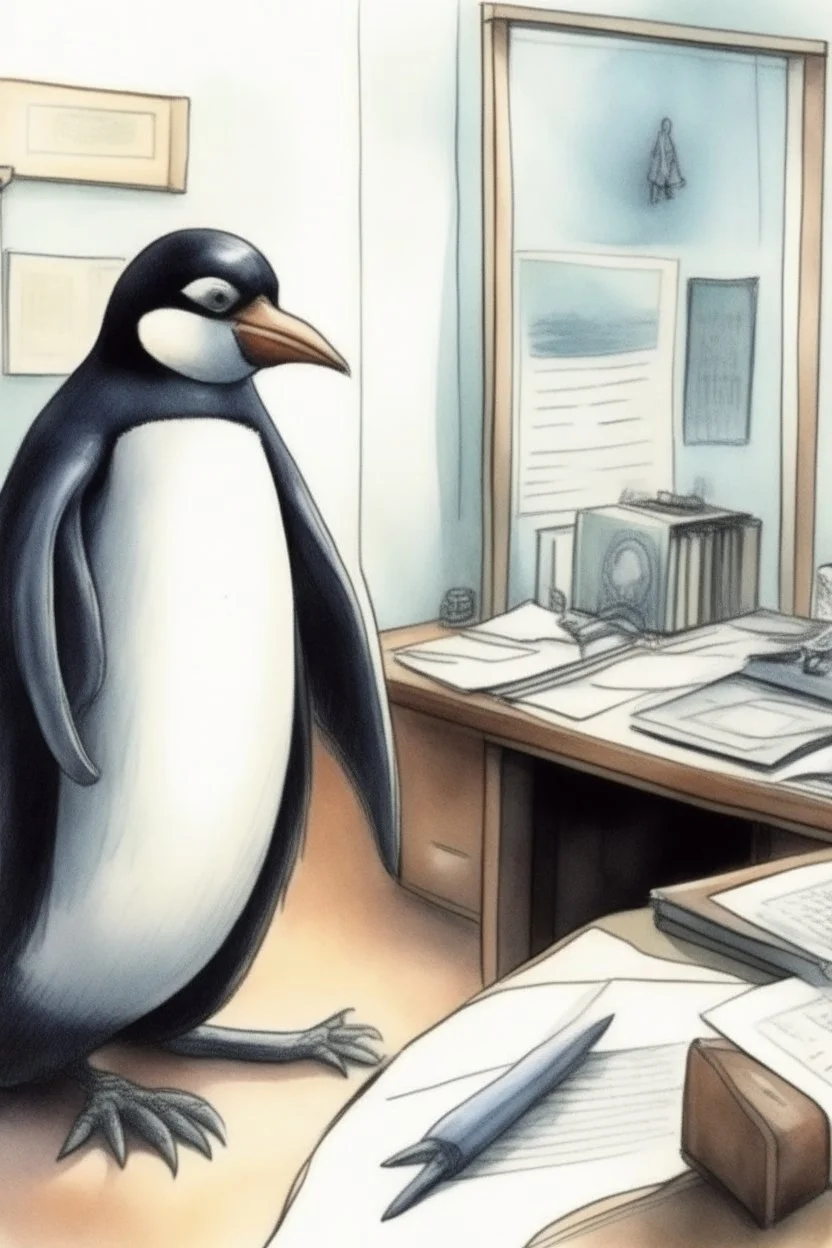 a penguin is an investor in 1990 office, is a slave owner, people are scared, watercolor. phone talk.