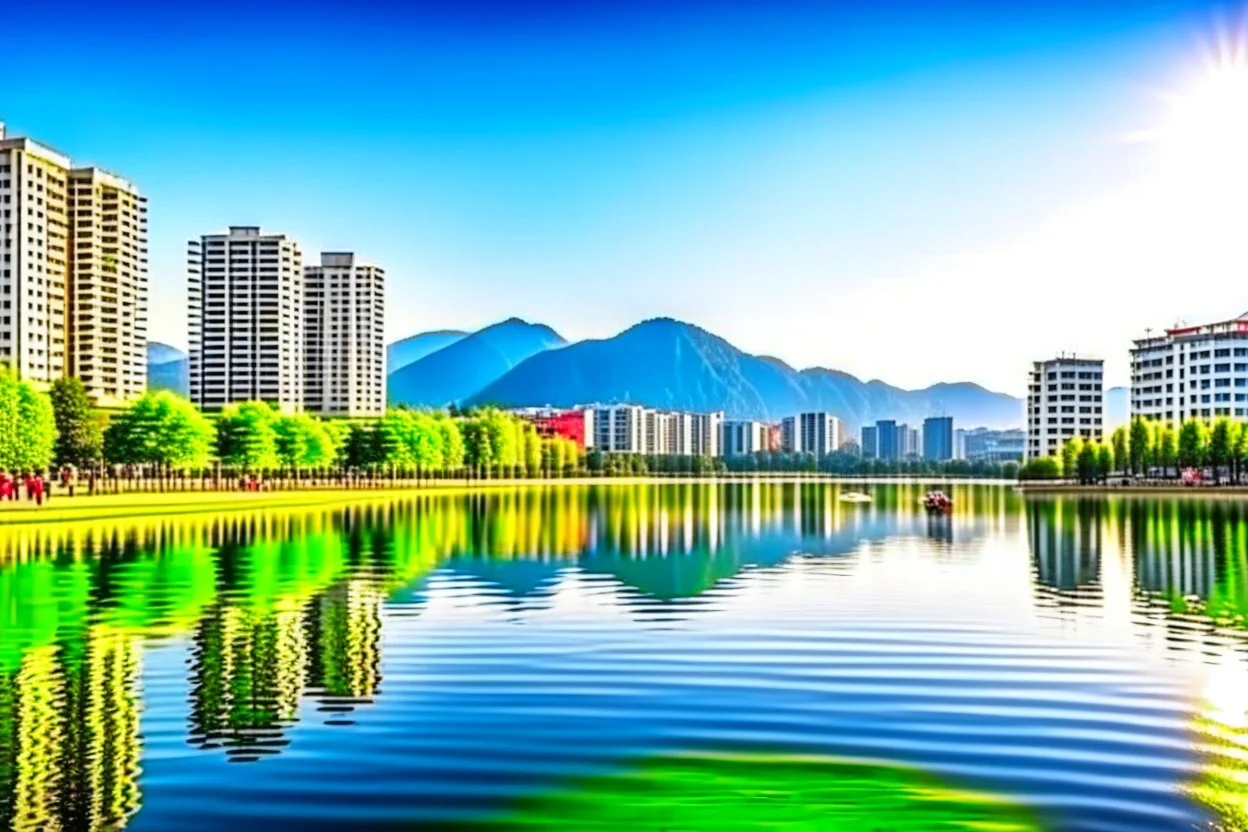 Sunny day, distant modern city, lake, lake reflections, people, mountains