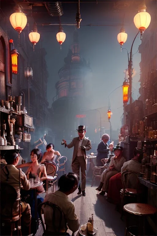 Waist up view cabaret scene, steampunk. old Asian man and little monkey, Sunglasses, smoking, happy, hot. Many people background, highly detailed, concept art, unreal engine 5, god rays, ray tracing, RTX, lumen lighting, ultra detail, volumetric lighting, 3d, finely drawn, high definition, high resolution.