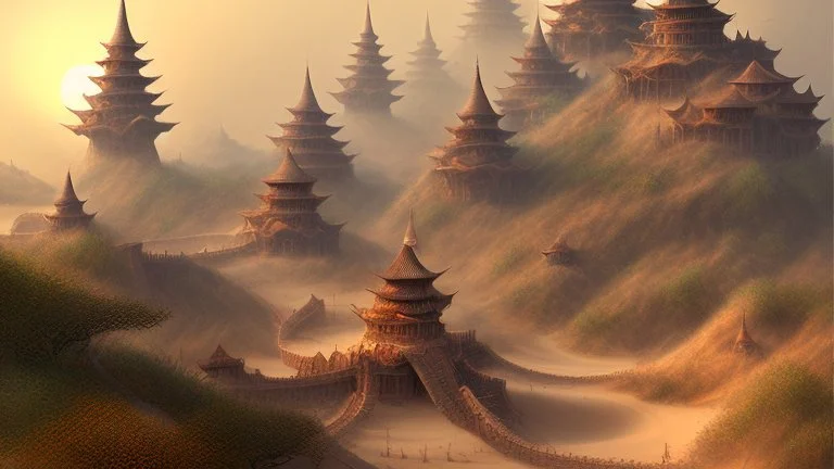 ancient, fantasy, chinese town, dune, crater, sand strom, destroyed chinese houses