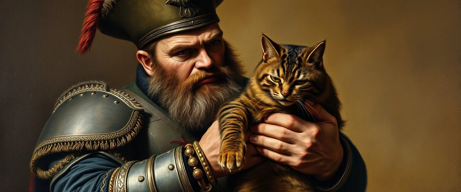 master oil painting by Rembrandt, orc soldier holding and petting a big ugly cat