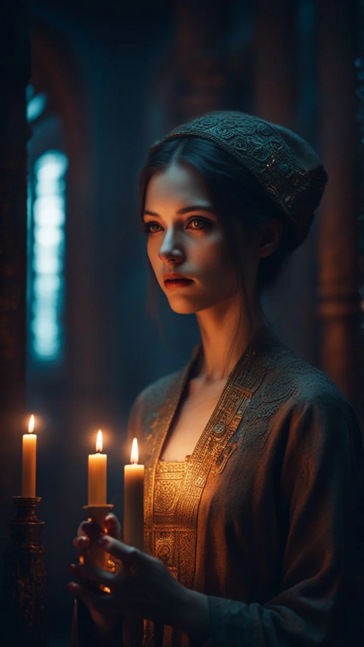 Shi Fi, a beautiful Russian woman in the temple holding a candle, atmospheric lighting effects, intricate industrial details, moody atmosphere, eerie grimdark ambiance, complex motherboard accents, speculative fiction art. Bokeh